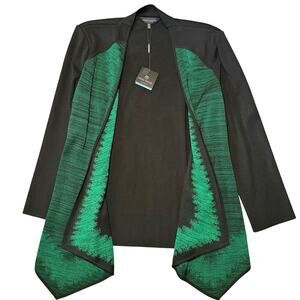 MING WANG Women XL Knit Cardigan Open Front Black Green Abstract Pattern
